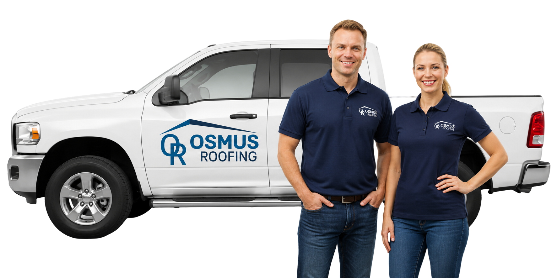 Osmus Roofing team standing beside a branded company truck